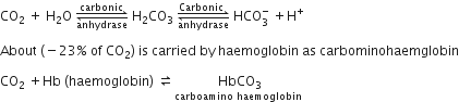 CO subscript 2 space plus space straight H subscript 2 straight O space rightwards harpoon over leftwards harpoon from anhydrase to carbonic of space straight H subscript 2 CO subscript 3 space rightwards harpoon over leftwards harpoon from anhydrase to Carbonic space of space HCO subscript 3 superscript minus space plus straight H to the power of plus

About space left parenthesis negative 23 percent sign space of space CO subscript 2 right parenthesis space is space carried space by space haemoglobin space as space carbominohaemglobin

CO subscript 2 space plus Hb space left parenthesis haemoglobin right parenthesis space rightwards harpoon over leftwards harpoon stack space HbCO subscript 3 with carboamino space haemoglobin below