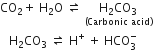 CO subscript 2 plus space straight H subscript 2 straight O space rightwards harpoon over leftwards harpoon space stack straight H subscript 2 CO subscript 3 with left parenthesis Carbonic space acid right parenthesis below
space space space straight H subscript 2 CO subscript 3 space rightwards harpoon over leftwards harpoon space straight H to the power of plus space plus space HCO subscript 3 superscript minus