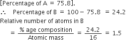open square brackets Percentage space of space straight A space equals space 75.8 close square brackets.
therefore space space space space Percentage space of space straight B space equals space 100 minus space 75.8 space space equals space 24.2
Relative space number space of space atoms space in space straight B
space space space space space space equals space fraction numerator percent sign space age space composition over denominator Atomic space mass end fraction space equals space fraction numerator 24.2 over denominator 16 end fraction space equals space 1.5

