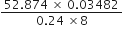 fraction numerator 52.874 space cross times space 0.03482 over denominator 0.24 space cross times 8 end fraction