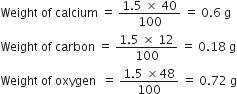 Weight space of space calcium space equals space fraction numerator 1.5 space cross times space 40 over denominator 100 end fraction space equals space 0.6 space straight g
Weight space of space carbon space equals space fraction numerator 1.5 space cross times space 12 over denominator 100 end fraction space equals space 0.18 space straight g
Weight space of space oxygen space space equals space fraction numerator 1.5 space cross times 48 over denominator 100 end fraction space equals space 0.72 space straight g