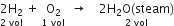 stack 2 straight H subscript 2 with 2 space vol below space plus space stack straight O subscript 2 with 1 space vol below space space rightwards arrow space space space space stack 2 straight H subscript 2 straight O left parenthesis steam right parenthesis with 2 space vol below
