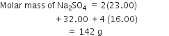 Molar space mass space of space Na subscript 2 SO subscript 4 space equals space 2 left parenthesis 23.00 right parenthesis
space space space space space space space space space space space space space space space space space space space space space space space space space space plus 32.00 space plus 4 space left parenthesis 16.00 right parenthesis
space space space space space space space space space space space space space space space space space space space space space space space space space space space space space space space space equals space 142 space straight g space space space space space space space space space space space space space space space space space space space space space space space space space space space space space space space space