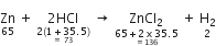 Zn with 65 below space plus space stack 2 HCl with stack 2 left parenthesis 1 plus 35.5 right parenthesis with equals space 73 below below space rightwards arrow space stack ZnCl subscript 2 with stack 65 plus 2 cross times 35.5 with equals 136 below below space plus space stack straight H subscript 2 with 2 below