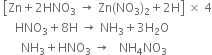 space open square brackets Zn plus 2 HNO subscript 3 space rightwards arrow space Zn left parenthesis NO subscript 3 right parenthesis subscript 2 plus 2 straight H close square brackets space cross times space 4
space space space space space HNO subscript 3 plus 8 straight H space rightwards arrow space NH subscript 3 plus 3 straight H subscript 2 straight O
space space space space space space space NH subscript 3 plus HNO subscript 3 space rightwards arrow space space space NH subscript 4 NO subscript 3

