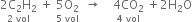 stack 2 straight C subscript 2 straight H subscript 2 with 2 space vol below space plus space stack 5 straight O subscript 2 with 5 space vol below space space rightwards arrow space space space space stack 4 CO subscript 2 with 4 space vol below space plus 2 straight H subscript 2 straight O