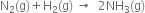 straight N subscript 2 left parenthesis straight g right parenthesis plus straight H subscript 2 left parenthesis straight g right parenthesis space rightwards arrow space space 2 NH subscript 3 left parenthesis straight g right parenthesis