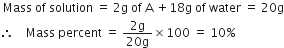 space Mass space of space solution space equals space 2 straight g space of space straight A space plus 18 straight g space of space water space equals space 20 straight g
therefore space space space space Mass space percent space equals space fraction numerator 2 straight g over denominator 20 straight g end fraction cross times 100 space equals space 10 percent sign
