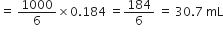 equals space 1000 over 6 cross times 0.184 space equals 184 over 6 space equals space 30.7 space mL