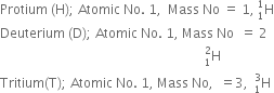 Protium space left parenthesis straight H right parenthesis semicolon space Atomic space No. space 1 comma space space Mass space No space equals space 1 comma space straight H presubscript 1 presuperscript 1
Deuterium space left parenthesis straight D right parenthesis semicolon space Atomic space No. space 1 comma space Mass space No space space equals space 2
space space space space space space space space space space space space space space space space space space space space space space space space space space space space space space space space space space space space space space space space space space space space space space space space space space space space space space space space space space space space space space space straight H presubscript 1 presuperscript 2
Tritium left parenthesis straight T right parenthesis semicolon space Atomic space No. space 1 comma space Mass space No comma space space equals 3 comma space space straight H presubscript 1 presuperscript 3