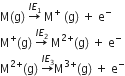 straight M left parenthesis straight g right parenthesis space rightwards arrow with I E subscript 1 on top space straight M to the power of plus space left parenthesis straight g right parenthesis space plus space straight e to the power of minus
straight M to the power of plus left parenthesis straight g right parenthesis space rightwards arrow with I E subscript 2 on top space straight M to the power of 2 plus end exponent left parenthesis straight g right parenthesis space plus space straight e to the power of minus
straight M to the power of 2 plus end exponent left parenthesis straight g right parenthesis space rightwards arrow with I E subscript 3 on top straight M to the power of 3 plus end exponent left parenthesis straight g right parenthesis space plus space straight e to the power of minus