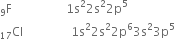 straight F presubscript 9 space space space space space space space space space space space space space space space space space space 1 straight s squared 2 straight s squared 2 straight p to the power of 5
Cl presubscript 17 space space space space space space space space space space space space space space space space 1 straight s squared 2 straight s squared 2 straight p to the power of 6 3 straight s squared 3 straight p to the power of 5