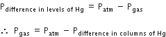 straight P subscript difference space in space levels space of space Hg end subscript space equals space straight P subscript atm space minus space straight P subscript gas

therefore space space straight P subscript gas space equals space straight P subscript atm space minus space straight P subscript difference space in space columns space of space Hg end subscript