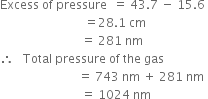 Excess space of space pressure space space equals space 43.7 space minus space 15.6 space
space space space space space space space space space space space space space space space space space space space space space space space space space space space space equals 28.1 space cm
space space space space space space space space space space space space space space space space space space space space space space space space space space space equals space 281 space nm
therefore space space space Total space pressure space of space the space gas space
space space space space space space space space space space space space space space space space space space space space space space space space space space equals space 743 space nm space plus space 281 space nm
space space space space space space space space space space space space space space space space space space space space space space space space space space space equals space 1024 space nm space space space space
