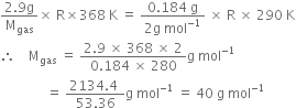 fraction numerator 2.9 straight g over denominator straight M subscript gas end fraction cross times space straight R cross times 368 space straight K space equals space fraction numerator 0.184 space straight g over denominator 2 straight g space mol to the power of negative 1 end exponent end fraction space cross times space straight R space cross times space 290 space straight K
therefore space space space space straight M subscript gas space equals space fraction numerator 2.9 space cross times space 368 space cross times space 2 over denominator 0.184 space cross times space 280 end fraction straight g space mol to the power of negative 1 end exponent
space space space space space space space space space space space space space space equals space fraction numerator 2134.4 space over denominator 53.36 end fraction straight g space mol to the power of negative 1 end exponent space equals space 40 space straight g space mol to the power of negative 1 end exponent