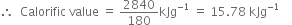 therefore space space Calorific space value space equals space 2840 over 180 kJg to the power of negative 1 end exponent space equals space 15.78 space kJg to the power of negative 1 end exponent space space space space