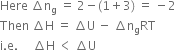Here space increment straight n subscript straight g space equals space 2 minus left parenthesis 1 plus 3 right parenthesis space equals space minus 2
Then space increment straight H space equals space increment straight U space minus space increment straight n subscript straight g RT
straight i. straight e. space space space space space increment straight H space less than space increment straight U
