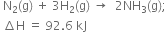 space straight N subscript 2 left parenthesis straight g right parenthesis space plus space 3 straight H subscript 2 left parenthesis straight g right parenthesis space rightwards arrow space space 2 NH subscript 3 left parenthesis straight g right parenthesis semicolon
space increment straight H space equals space 92.6 space kJ