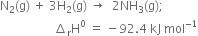straight N subscript 2 left parenthesis straight g right parenthesis space plus space 3 straight H subscript 2 left parenthesis straight g right parenthesis space rightwards arrow space space 2 NH subscript 3 left parenthesis straight g right parenthesis semicolon
space space space space space space space space space space space space space space space space space space increment subscript straight r straight H to the power of 0 space equals space minus 92.4 space kJ space mol to the power of negative 1 end exponent