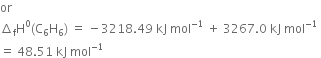 or space space
increment subscript straight f straight H to the power of 0 left parenthesis straight C subscript 6 straight H subscript 6 right parenthesis space equals space minus 3218.49 space kJ space mol to the power of negative 1 end exponent space plus space 3267.0 space kJ space mol to the power of negative 1 end exponent space
equals space 48.51 space kJ space mol to the power of negative 1 end exponent