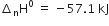 increment subscript straight n straight H to the power of 0 space equals space minus 57.1 space kJ