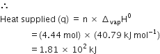 therefore space space
Heat space supplied space left parenthesis straight q right parenthesis space equals space straight n space cross times space increment subscript vap straight H to the power of 0
space space space space space space space space space space space space space space equals left parenthesis 4.44 space mol right parenthesis space cross times space left parenthesis 40.79 space kJ space mol to the power of negative 1 end exponent right parenthesis
space space space space space space space space space space space space space space equals 1.81 space cross times space 10 squared space kJ