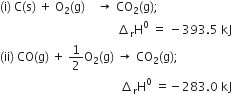 left parenthesis straight i right parenthesis space straight C left parenthesis straight s right parenthesis space plus space straight O subscript 2 left parenthesis straight g right parenthesis space space space space rightwards arrow space CO subscript 2 left parenthesis straight g right parenthesis semicolon
space space space space space space space space space space space space space space space space space space space space space space space space space space space space space space space space space space space space space space space increment subscript straight r straight H to the power of 0 space equals space minus 393.5 space kJ
left parenthesis ii right parenthesis space CO left parenthesis straight g right parenthesis space plus space 1 half straight O subscript 2 left parenthesis straight g right parenthesis space rightwards arrow space CO subscript 2 left parenthesis straight g right parenthesis semicolon
space space space space space space space space space space space space space space space space space space space space space space space space space space space space space space space space space space space space space space space space increment subscript straight r straight H to the power of 0 space equals negative 283.0 space kJ