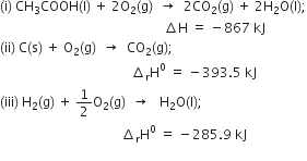 left parenthesis straight i right parenthesis space CH subscript 3 COOH left parenthesis straight l right parenthesis space plus space 2 straight O subscript 2 left parenthesis straight g right parenthesis space space rightwards arrow space space 2 CO subscript 2 left parenthesis straight g right parenthesis space plus space 2 straight H subscript 2 straight O left parenthesis straight l right parenthesis semicolon
space space space space space space space space space space space space space space space space space space space space space space space space space space space space space space space space space space space space space space space space space space space space space space space space space space increment straight H space equals space minus 867 space kJ
left parenthesis ii right parenthesis space straight C left parenthesis straight s right parenthesis space plus space straight O subscript 2 left parenthesis straight g right parenthesis space space rightwards arrow space space CO subscript 2 left parenthesis straight g right parenthesis semicolon
space space space space space space space space space space space space space space space space space space space space space space space space space space space space space space space space space space space space space space space space increment subscript straight r straight H to the power of 0 space equals space minus 393.5 space kJ
left parenthesis iii right parenthesis space straight H subscript 2 left parenthesis straight g right parenthesis space plus space 1 half straight O subscript 2 left parenthesis straight g right parenthesis space space rightwards arrow space space space straight H subscript 2 straight O left parenthesis straight l right parenthesis semicolon
space space space space space space space space space space space space space space space space space space space space space space space space space space space space space space space space space space space space space increment subscript straight r straight H to the power of 0 space equals space minus 285.9 space kJ
