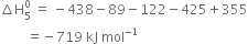 increment straight H subscript 5 superscript 0 space equals space minus 438 minus 89 minus 122 minus 425 plus 355
space space space space space space space space equals negative 719 space kJ space mol to the power of negative 1 end exponent
