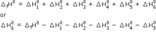 increment subscript straight f straight H to the power of 0 space equals space increment straight H subscript 1 superscript 0 space plus space increment straight H subscript 2 superscript 0 space plus space increment straight H subscript 3 superscript 0 space plus space increment straight H subscript 4 superscript 0 space plus space increment straight H subscript 5 superscript 0 space plus space increment straight H subscript 6 superscript 0
or space space space space space
increment straight H subscript 6 superscript 0 space equals space increment subscript straight f straight H to the power of 0 space minus space increment straight H subscript 1 superscript 0 space minus space increment straight H subscript 2 superscript 0 space minus space increment straight H subscript 3 superscript 0 space minus space increment straight H subscript 4 superscript 0 space minus space increment straight H subscript 5 superscript 0
