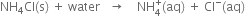 NH subscript 4 Cl left parenthesis straight s right parenthesis space plus space water space space space rightwards arrow space space space space NH subscript 4 superscript plus left parenthesis aq right parenthesis space plus space Cl to the power of minus left parenthesis aq right parenthesis