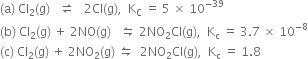 left parenthesis straight a right parenthesis space Cl subscript 2 left parenthesis straight g right parenthesis space space space rightwards harpoon over leftwards harpoon space space space 2 Cl left parenthesis straight g right parenthesis comma space space straight K subscript straight C space equals space 5 space cross times space 10 to the power of negative 39 end exponent
left parenthesis straight b right parenthesis space Cl subscript 2 left parenthesis straight g right parenthesis space plus space 2 NO left parenthesis straight g right parenthesis space space space leftwards harpoon over rightwards harpoon space 2 NO subscript 2 Cl left parenthesis straight g right parenthesis comma space space straight K subscript straight c space equals space 3.7 space cross times space 10 to the power of negative 8 end exponent
left parenthesis straight c right parenthesis space Cl subscript 2 left parenthesis straight g right parenthesis space plus space 2 NO subscript 2 left parenthesis straight g right parenthesis space leftwards harpoon over rightwards harpoon space space 2 NO subscript 2 Cl left parenthesis straight g right parenthesis comma space space straight K subscript straight c space equals space 1.8