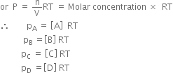 or space space straight P space equals space straight n over straight V RT space equals space Molar space concentration space cross times space space RT
therefore space space space space space space space space straight p subscript straight A space equals space open square brackets straight A close square brackets space space RT
space space space space space space space space space space space straight p subscript straight B space equals open square brackets straight B close square brackets space RT
space space space space space space space space space space straight p subscript straight C space equals space open square brackets straight C close square brackets space RT
space space space space space space space space space space straight p subscript straight D space equals open square brackets straight D close square brackets space RT