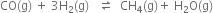 CO left parenthesis straight g right parenthesis space plus space 3 straight H subscript 2 left parenthesis straight g right parenthesis space space space rightwards harpoon over leftwards harpoon space space CH subscript 4 left parenthesis straight g right parenthesis plus space straight H subscript 2 straight O left parenthesis straight g right parenthesis