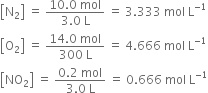 open square brackets straight N subscript 2 close square brackets space equals space fraction numerator 10.0 space mol over denominator 3.0 space straight L end fraction space equals space 3.333 space mol space straight L to the power of negative 1 end exponent
open square brackets straight O subscript 2 close square brackets space equals space fraction numerator 14.0 space mol over denominator 300 space straight L end fraction space equals space 4.666 space mol space straight L to the power of negative 1 end exponent
open square brackets NO subscript 2 close square brackets space equals space fraction numerator 0.2 space mol over denominator 3.0 space straight L end fraction space equals space 0.666 space mol space straight L to the power of negative 1 end exponent