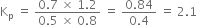straight K subscript straight p space equals space fraction numerator 0.7 space cross times space 1.2 over denominator 0.5 space cross times space 0.8 end fraction space equals space fraction numerator 0.84 over denominator 0.4 end fraction space equals space 2.1