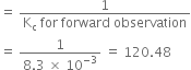 equals space fraction numerator 1 over denominator straight K subscript straight c space for space forward space observation end fraction
equals space fraction numerator 1 over denominator 8.3 space cross times space 10 to the power of negative 3 end exponent end fraction space equals space 120.48

