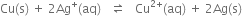 Cu left parenthesis straight s right parenthesis space plus space 2 Ag to the power of plus left parenthesis aq right parenthesis space space space rightwards harpoon over leftwards harpoon space space space Cu to the power of 2 plus end exponent left parenthesis aq right parenthesis space plus space 2 Ag left parenthesis straight s right parenthesis