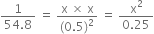 fraction numerator 1 over denominator 54.8 end fraction space equals space fraction numerator straight x space cross times space straight x over denominator left parenthesis 0.5 right parenthesis squared end fraction space equals space fraction numerator straight x squared over denominator 0.25 end fraction