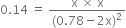 0.14 space equals space fraction numerator straight x space cross times space straight x over denominator left parenthesis 0.78 minus 2 straight x right parenthesis squared end fraction
