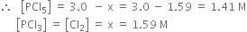 therefore space space space open square brackets PCl subscript 5 close square brackets space equals space 3.0 space space minus space straight x space equals space 3.0 space minus space 1.59 space equals space 1.41 space straight M
space space space space space space open square brackets PCl subscript 3 close square brackets space equals space open square brackets Cl subscript 2 close square brackets space equals space straight x space equals space 1.59 space straight M