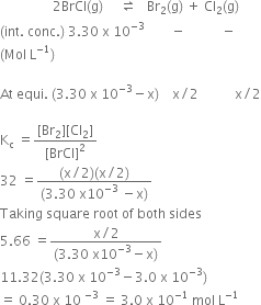 space space space space space space space space space space space space space space space space 2 BrCl left parenthesis straight g right parenthesis space space space space space rightwards harpoon over leftwards harpoon space space space Br subscript 2 left parenthesis straight g right parenthesis space plus space Cl subscript 2 left parenthesis straight g right parenthesis
left parenthesis int. space conc. right parenthesis space 3.30 space straight x space 10 to the power of negative 3 end exponent space space space space space space space space minus space space space space space space space space space space space minus
left parenthesis Mol space straight L to the power of negative 1 end exponent right parenthesis

At space equi. space left parenthesis 3.30 space straight x space 10 to the power of negative 3 end exponent minus straight x right parenthesis space space space space straight x divided by 2 space space space space space space space space space space space straight x divided by 2

straight K subscript straight c space equals fraction numerator left square bracket Br subscript 2 right square bracket left square bracket Cl subscript 2 right square bracket over denominator left square bracket BrCl right square bracket squared end fraction
32 space equals fraction numerator left parenthesis straight x divided by 2 right parenthesis left parenthesis straight x divided by 2 right parenthesis over denominator left parenthesis 3.30 space straight x 10 to the power of negative 3 end exponent space minus straight x right parenthesis end fraction
Taking space square space root space of space both space sides
5.66 space equals fraction numerator straight x divided by 2 over denominator left parenthesis 3.30 space straight x 10 to the power of negative 3 end exponent minus straight x right parenthesis end fraction
11.32 left parenthesis 3.30 space straight x space 10 to the power of negative 3 end exponent minus 3.0 space straight x space 10 to the power of negative 3 end exponent right parenthesis
equals space 0.30 space straight x space 10 space to the power of negative 3 end exponent space equals space 3.0 space straight x space 10 to the power of negative 1 end exponent space mol space straight L to the power of negative 1 end exponent
