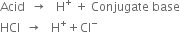 Acid space space rightwards arrow space space space straight H to the power of plus space plus space Conjugate space base
HCl space space rightwards arrow space space space straight H to the power of plus plus Cl to the power of minus