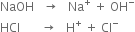 NaOH space space space rightwards arrow space space space Na to the power of plus space plus space OH to the power of minus
HCl space space space space space space space rightwards arrow space space space straight H to the power of plus space plus space Cl to the power of minus
