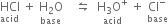 HCl with acid below space plus space stack straight H subscript 2 straight O with base below space space space space leftwards harpoon over rightwards harpoon space space stack straight H subscript 3 straight O to the power of plus with acid below space plus space stack Cl to the power of minus with base below