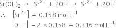 Sr left parenthesis OH right parenthesis subscript 2 space rightwards arrow space space space Sr to the power of 2 plus end exponent space plus space 2 OH space space rightwards arrow space space Sr to the power of 2 plus end exponent space plus space 2 OH to the power of minus
therefore space space space space open square brackets Sr to the power of 2 plus end exponent close square brackets space equals space 0.158 space mol space straight L to the power of negative 1 end exponent
space space space space space space space space open vertical bar OH to the power of minus close vertical bar space equals 2 space cross times 0.158 space equals space 0.316 space mol space straight L to the power of negative 1 end exponent