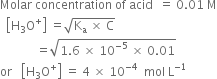 Molar space concentration space of space acid space space equals space 0.01 space straight M
space space open square brackets straight H subscript 3 straight O to the power of plus close square brackets space equals square root of straight K subscript straight a space cross times space straight C end root
space space space space space space space space space space space space equals square root of 1.6 space cross times space 10 to the power of negative 5 end exponent space cross times space 0.01 end root
or space space space open square brackets straight H subscript 3 straight O to the power of plus close square brackets space equals space 4 space cross times space 10 to the power of negative 4 end exponent space space mol space straight L to the power of negative 1 end exponent