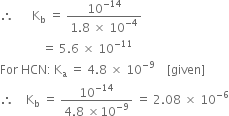 therefore space space space space space space straight K subscript straight b space equals space fraction numerator 10 to the power of negative 14 end exponent over denominator 1.8 space cross times space 10 to the power of negative 4 end exponent end fraction
space space space space space space space space space space space space space space equals space 5.6 space cross times space 10 to the power of negative 11 end exponent
For space HCN colon thin space straight K subscript straight a space equals space 4.8 space cross times space 10 to the power of negative 9 end exponent space space space space left square bracket given right square bracket
therefore space space space space straight K subscript straight b space equals space fraction numerator 10 to the power of negative 14 end exponent over denominator 4.8 space cross times 10 to the power of negative 9 end exponent end fraction space equals space 2.08 space cross times space 10 to the power of negative 6 end exponent