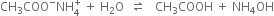 CH subscript 3 COO to the power of minus NH subscript 4 superscript plus space plus space straight H subscript 2 straight O space space rightwards harpoon over leftwards harpoon space space space CH subscript 3 COOH space plus space NH subscript 4 OH