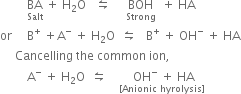 space space space space space space space space space BA with Salt below space plus space straight H subscript 2 straight O space space space leftwards harpoon over rightwards harpoon space space space space space BOH with Strong below space space plus space HA
or space space space space space straight B to the power of plus space plus straight A to the power of minus space plus space straight H subscript 2 straight O space space leftwards harpoon over rightwards harpoon space space space straight B to the power of plus space plus space OH to the power of minus space plus space HA
space space space space space Cancelling space the space common space ion comma
space space space space space space space space space straight A to the power of minus space plus space straight H subscript 2 straight O space space leftwards harpoon over rightwards harpoon space space space space stack space OH to the power of minus space plus space HA with left square bracket Anionic space hyrolysis right square bracket below

